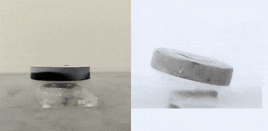 Left: lifting a locked superconductor and the magnet rises with it. Right: tilting the superconductor and it holds the angle
